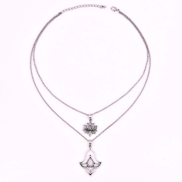 New Silver Lotus Flower Boho Necklace - Picture 4 of 5